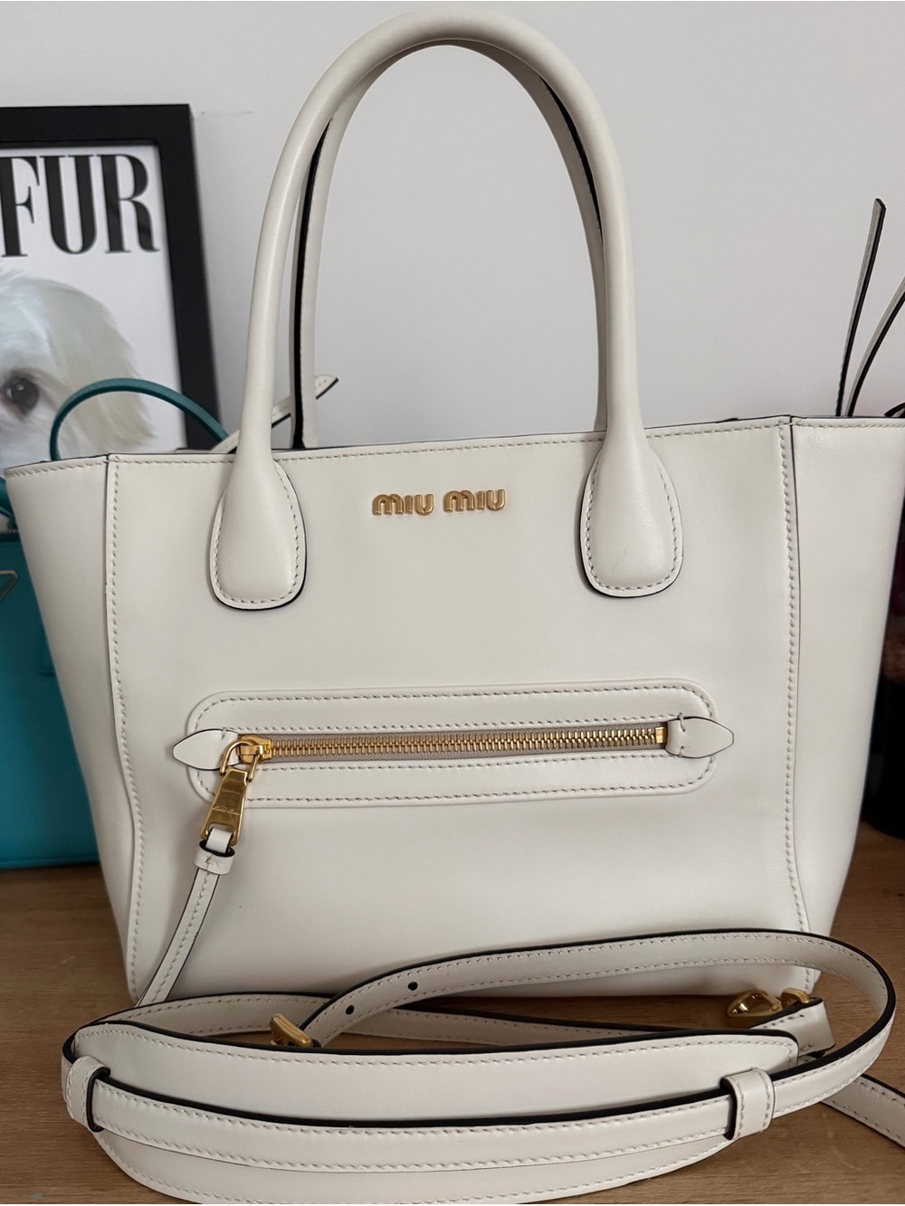 Miu Miu Cream Leather Top-Handle Tote with Front Zip